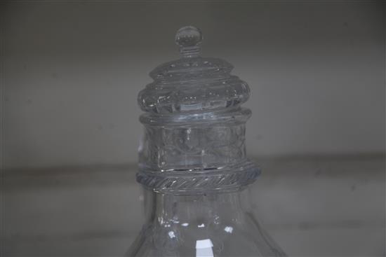 A French cut crystal claret jug and cover, late 19th century, probably Baccarat, height 26.5cm, replacement foot?